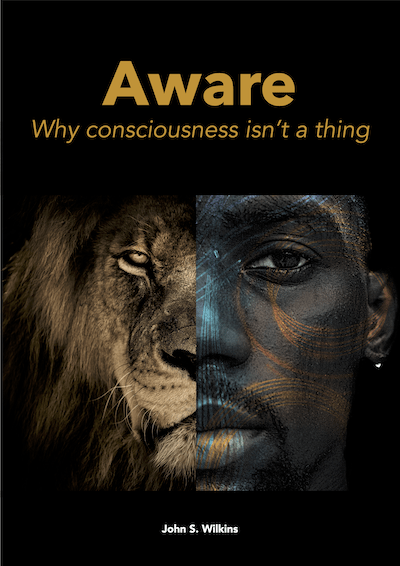 split image lion and human on black background. Title of book "Aware: Why consciousness isn't a thing"